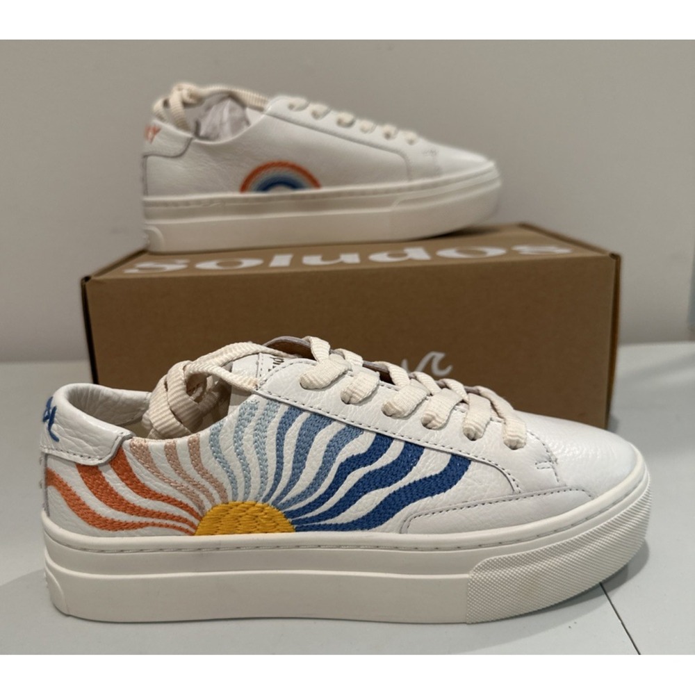 Soludos Women Size 5 Hippy Wave Ibiza Platform Sneakers White Leather Rainbow